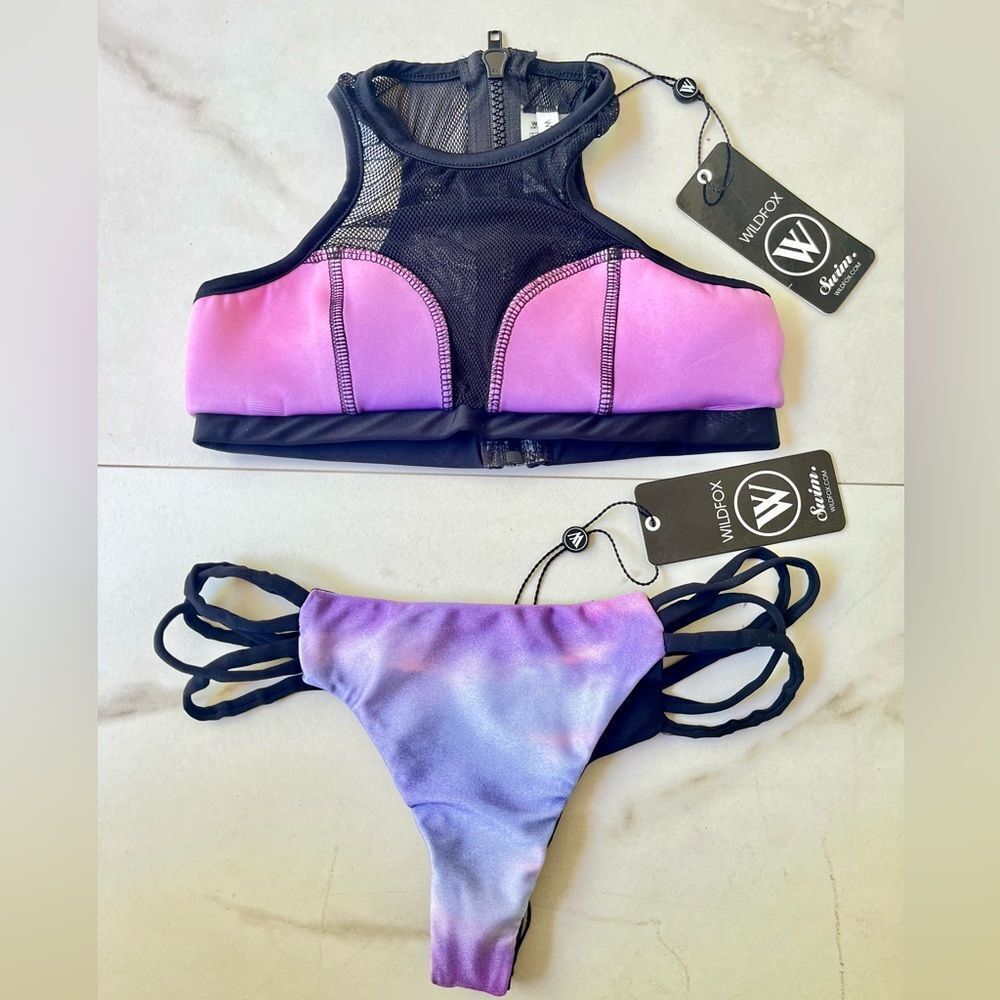 Nwt Wildfox space mesh purple black thong bikini
